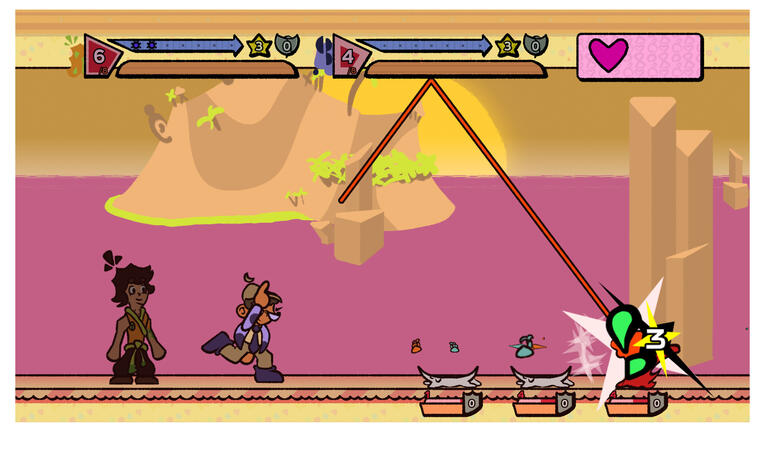 A man shooting an attack that bounced off the ceiling and struck an enemy