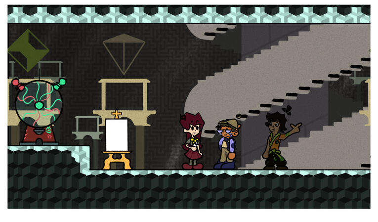 Two men and a woman standing around in a geometric area. Next to them is a machine and an easel